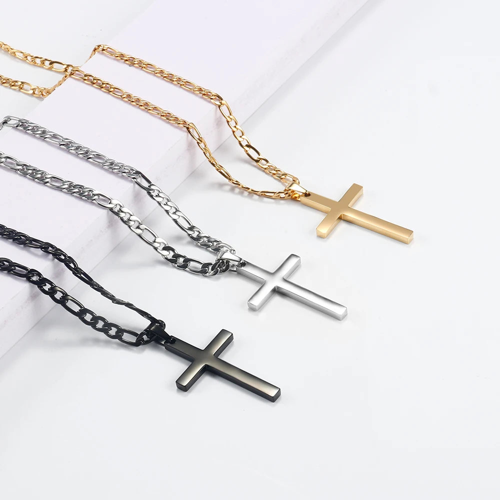316L Stainless Steel Figaro Chain Necklace for Men Women Gold/ Silver Color Cross Pendant Waterproof Necklaces Fashion Jewelry