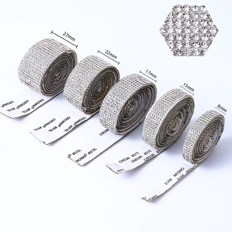 DUCrystal 4/6/8/10/12Rows Crystal Rhinestone trim Self Adhesive Bling Roll Rhinestone chain Sticker for DIY Clothing Decoration
