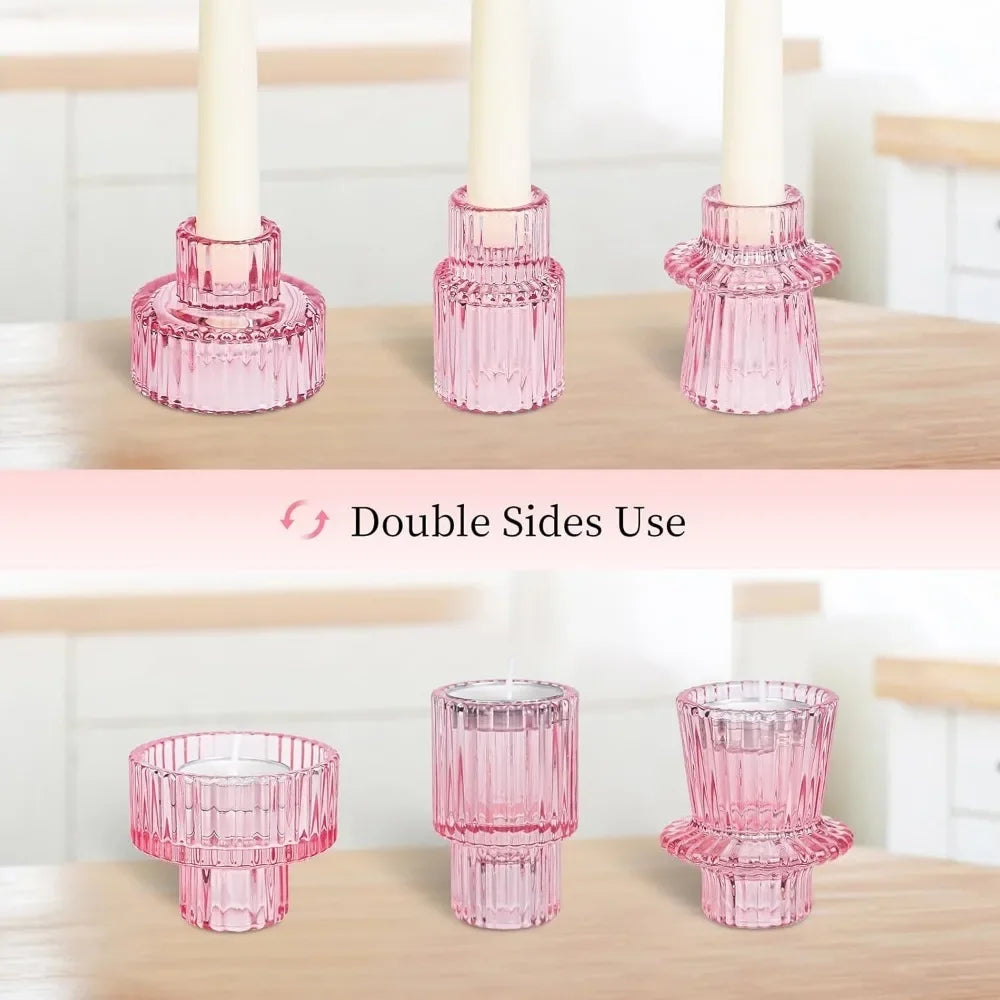 Glass Taper Candle Holder Short Small Boho Ribbed Votive Candlestick Holder for Table Centerpiece Wedding Decor and Dinner Party