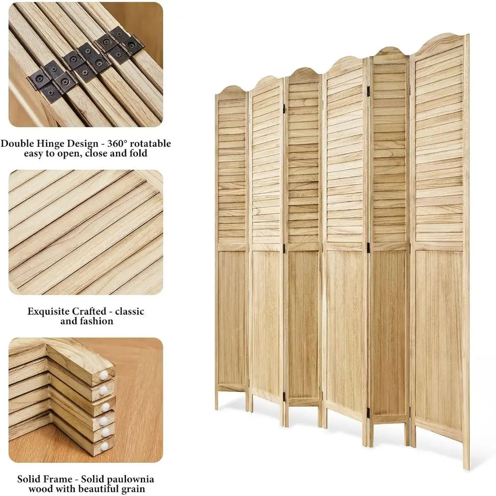 6-Panel Foldable Wooden & MDF Privacy Screens, 5.75 Ft Tall, Natural Finish, for Home Office and Bedroom