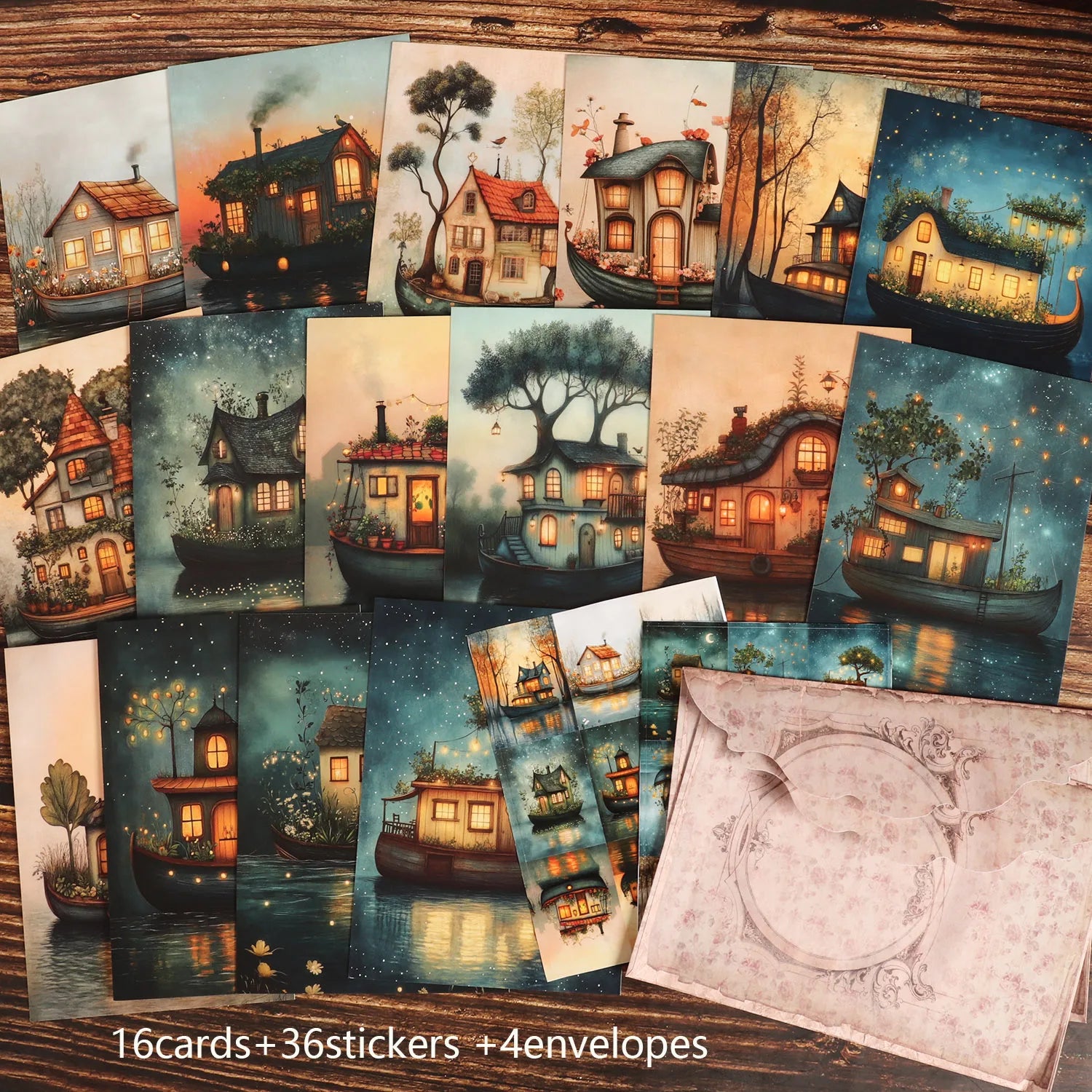 16cards, 4envelopes, 36stickers Moon Boat Double-sided Writable Cardboard Set, for Greetingcard, Scrapbooking Supplies,  Crafts