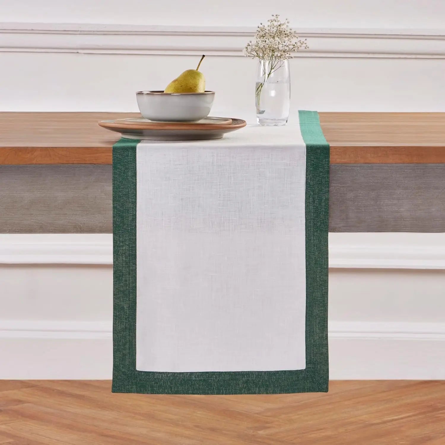 White Green Shimmer Border Linen Table Runner 14x90 Inch Handcrafted Machine Washable for St Patricks Day