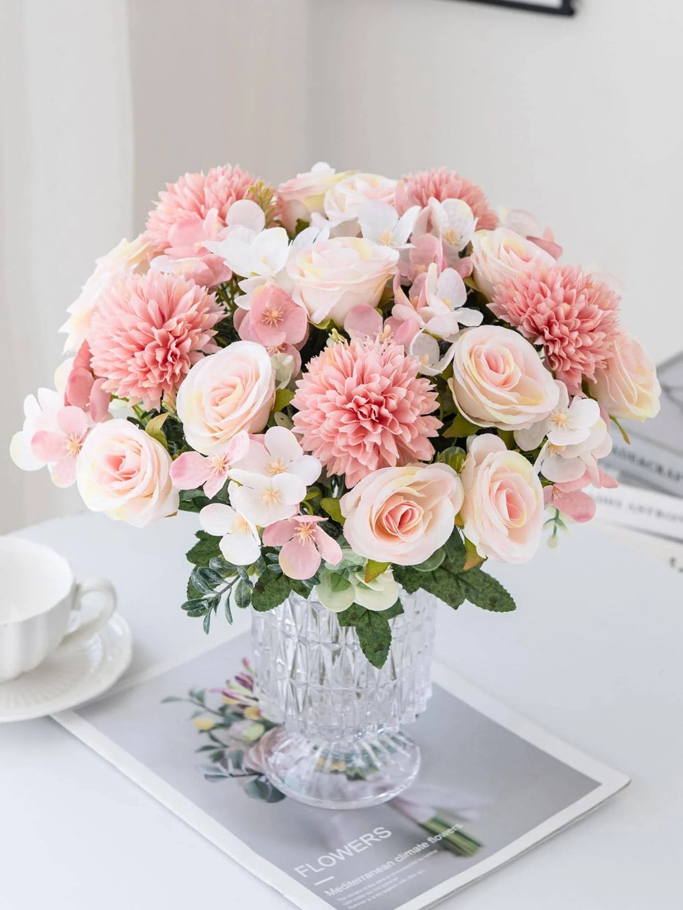 1 Bouquet Artificial Roses w/ Silk Balls: Wedding Home Decor & Holiday/Birthday Gift DIY