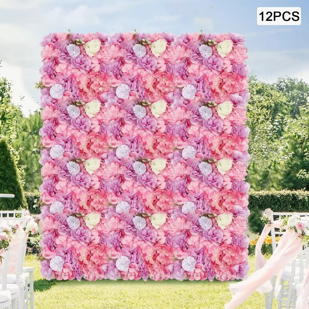 12PCS Flower Wall Panel 3D Artificial Flower Backdrop Wall Silk Hydrangea Rose Floral Panel for Wedding Terrace Garden Backyard