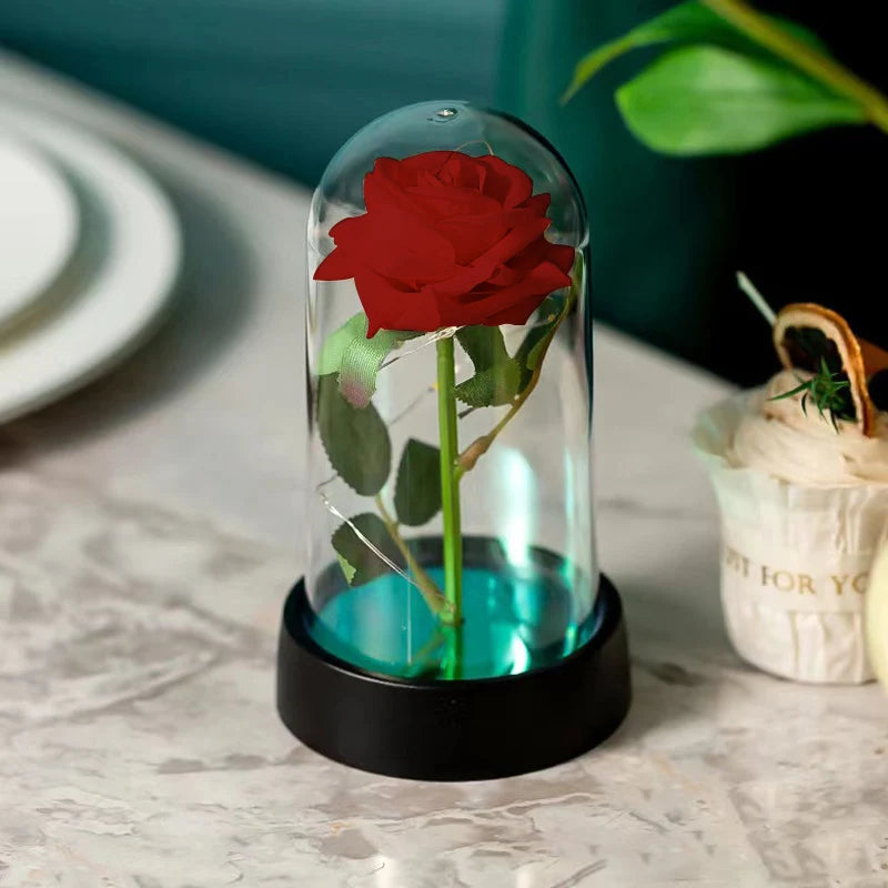 Artificial Rose Flowers LED Light Foil Flower In Glass Cover Eternal Rose Wedding Home Decor Birthday Mother's Day Gift