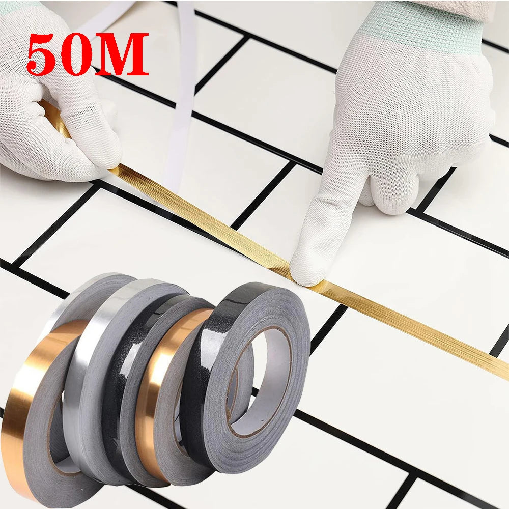 50M Self-Adhesive Tile Beauty Seam Sticker Tape 0.5/1cm Width Waterproof Gold Foil Lines Floor Wall Gap  Decor Seal Strip Tape