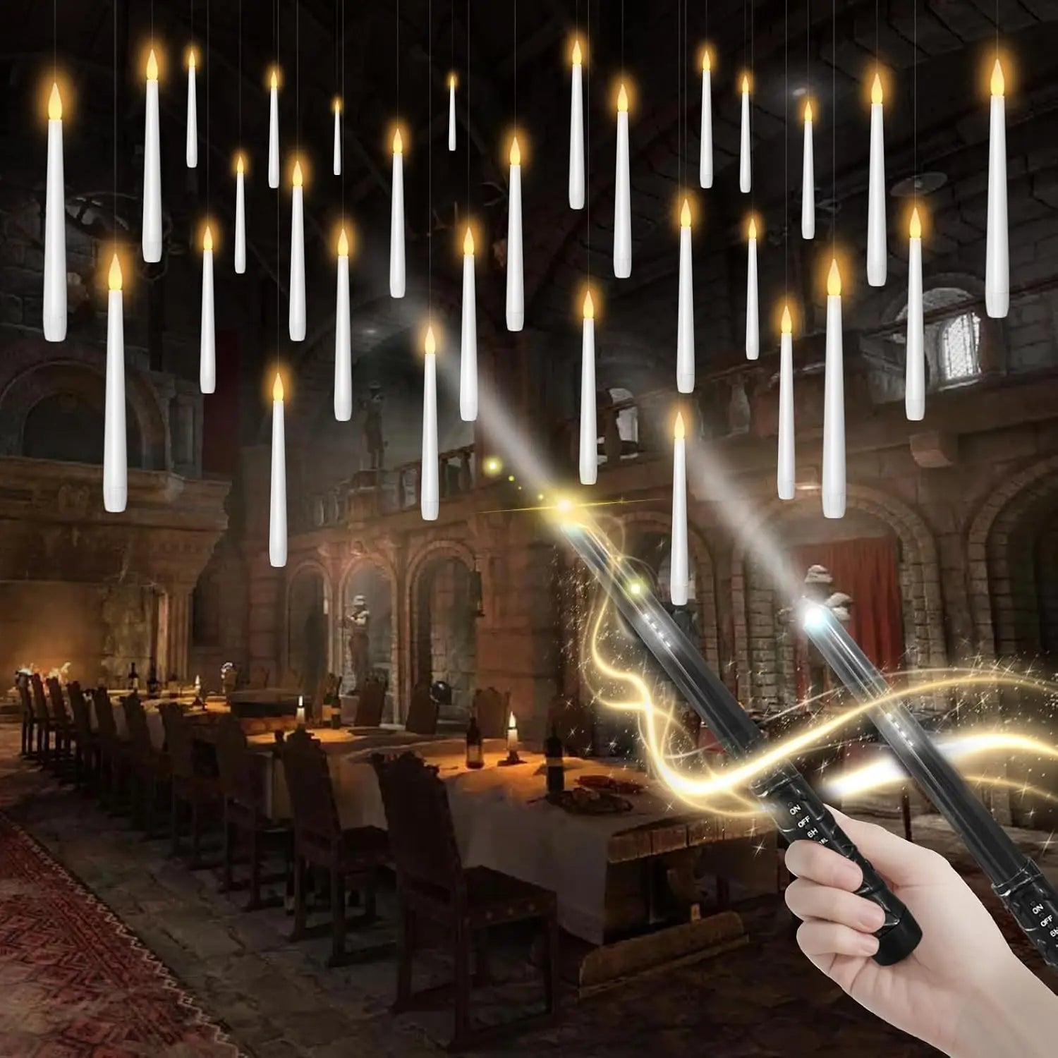 30 Pcs Magic LED Hanging Taper Candles with Wand Remote for Halloween Decorations