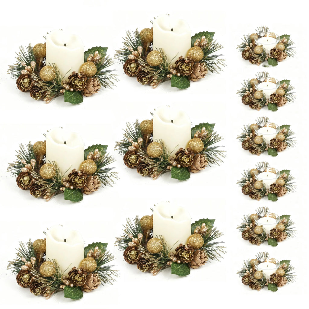 6-Pack LED Candles with Golden Berries & Pinecones Christmas Candle Rings for Table Front Door Cabinet Window in Glass Cup