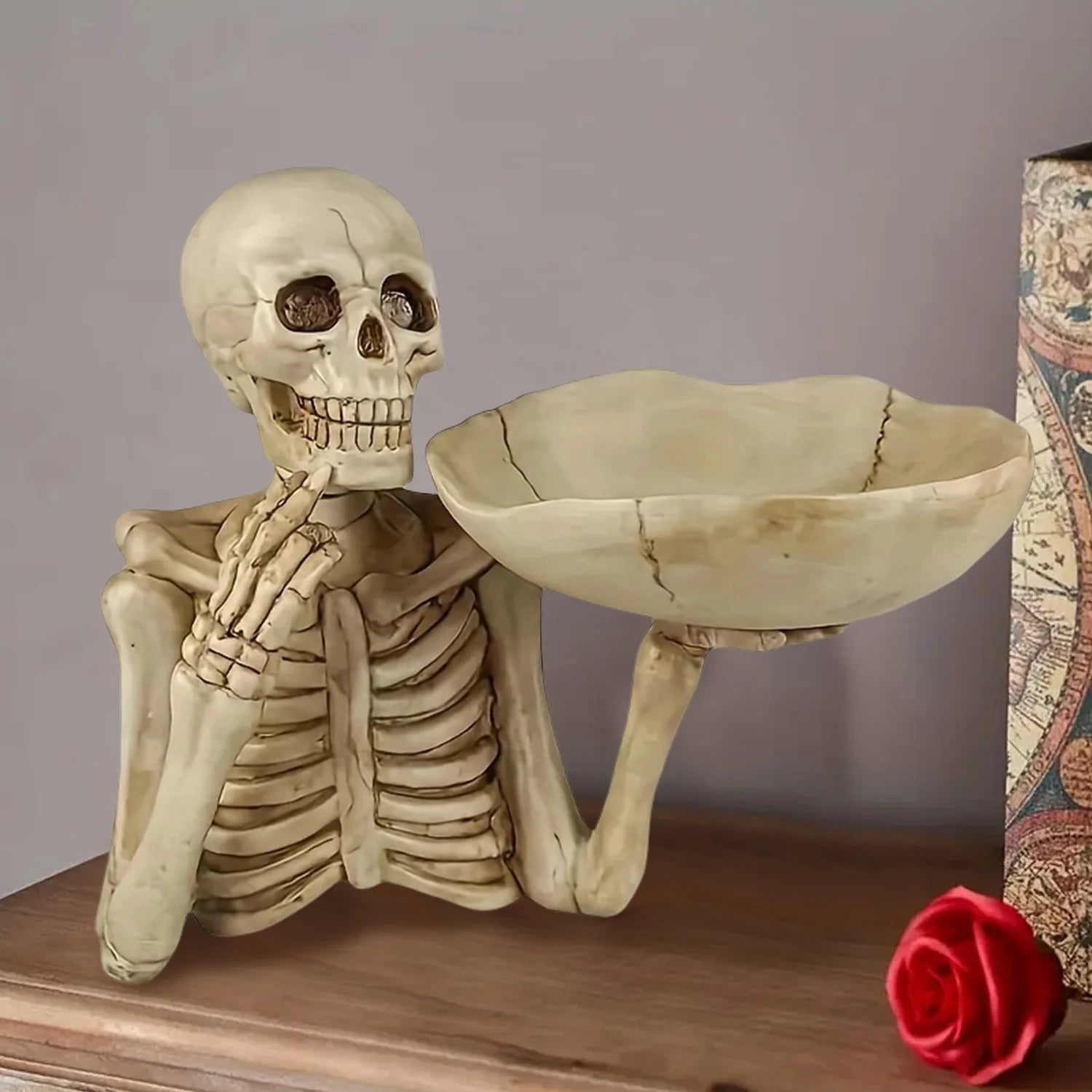 Halloween Candy Bowl resin skeleton tray decoration with bowl. Unique skeleton design suitable for indoor and outdoor decoration