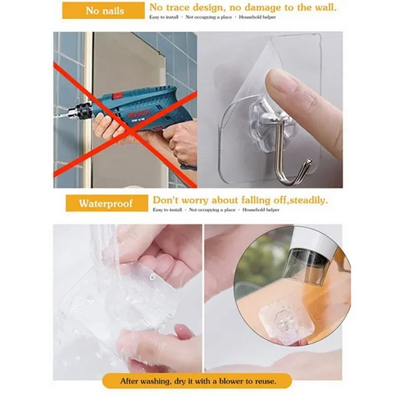 50PCS/100pcs  No Drill Wall Hooks – Heavy Duty 15lb Transparent Adhesive Hooks, Waterproof for Dorm Bathroom & Kitchen