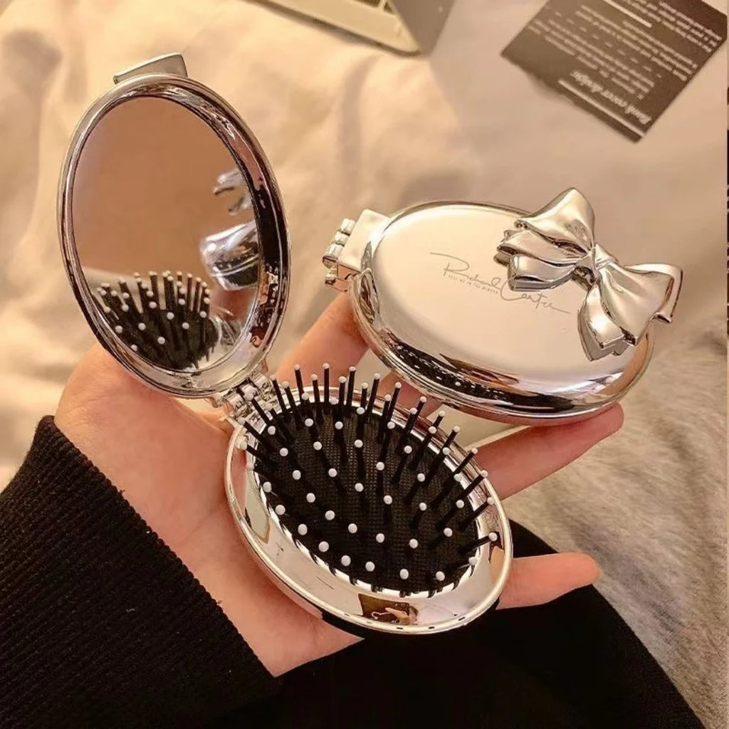 Premium Foldable Mirror & Hairbrush 2-in-1, Cushion Comb with Massage for Women, Portable Compact Design