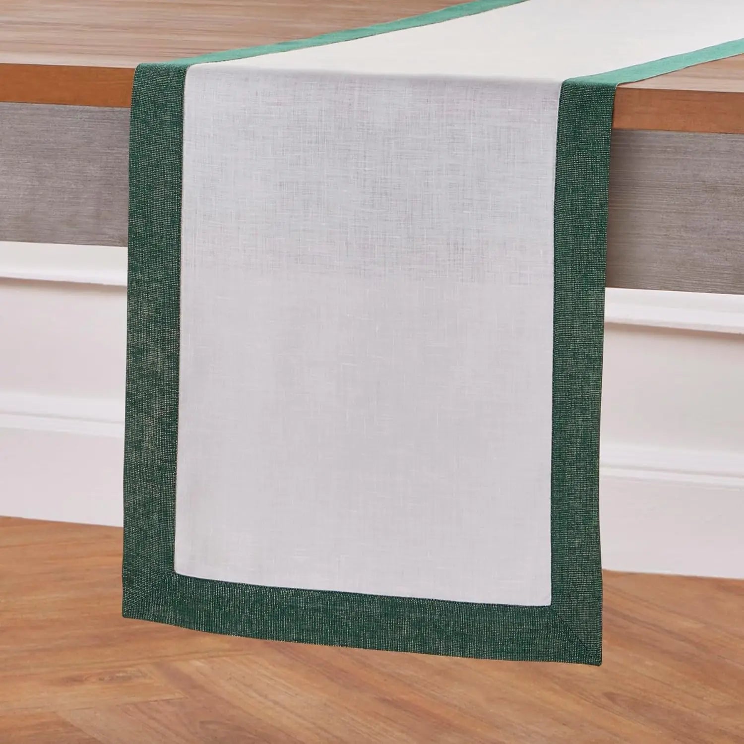 White Green Shimmer Border Linen Table Runner 14x90 Inch Handcrafted Machine Washable for St Patricks Day