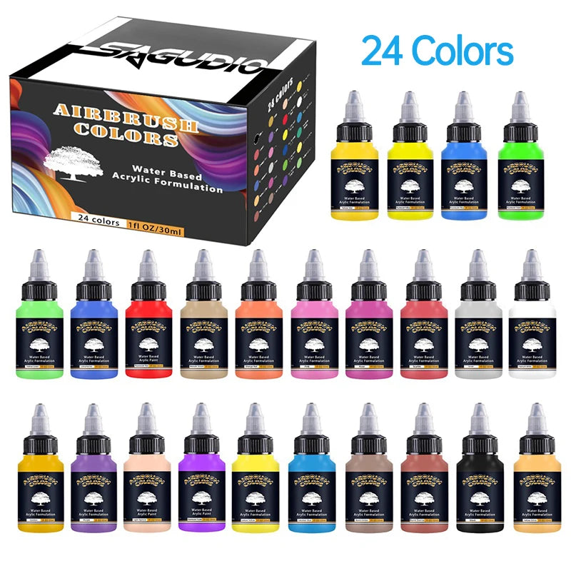 SAGUD Airbrush Paint Set 12/24 Colors 30ML Opaque & Water Based Fluorescent Acrylic Paint for Shoes Nails Art DIY Model Painting