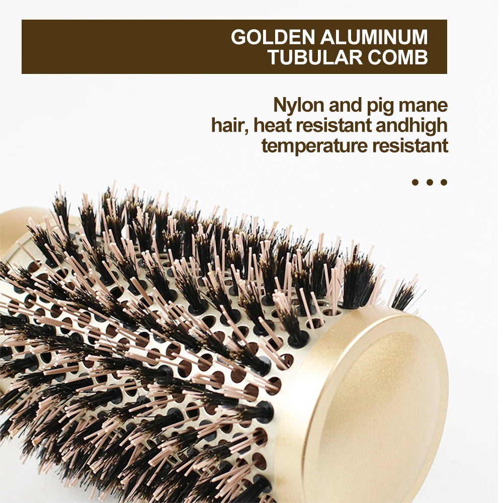 Gute Boar & Nylon Roller Brush - Gold Non-Slip Handle, Curl Defining Barrel - Salon Home Styling