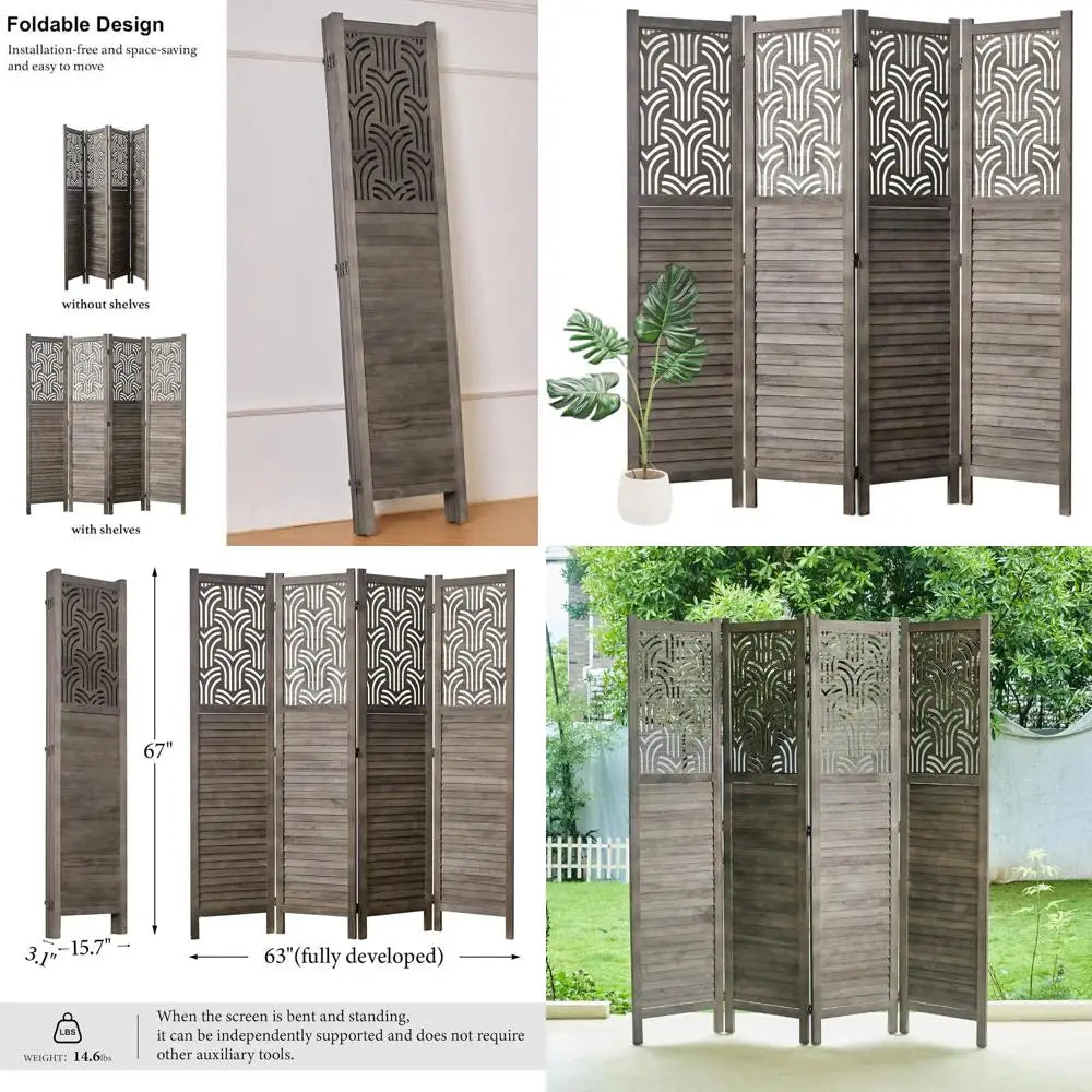 4-Panel Wooden Carved Privacy Screen, 66.9 Tall, Portable Room Divider, Suitable for Home, Office, Restaurant, Bedroom (Gray)