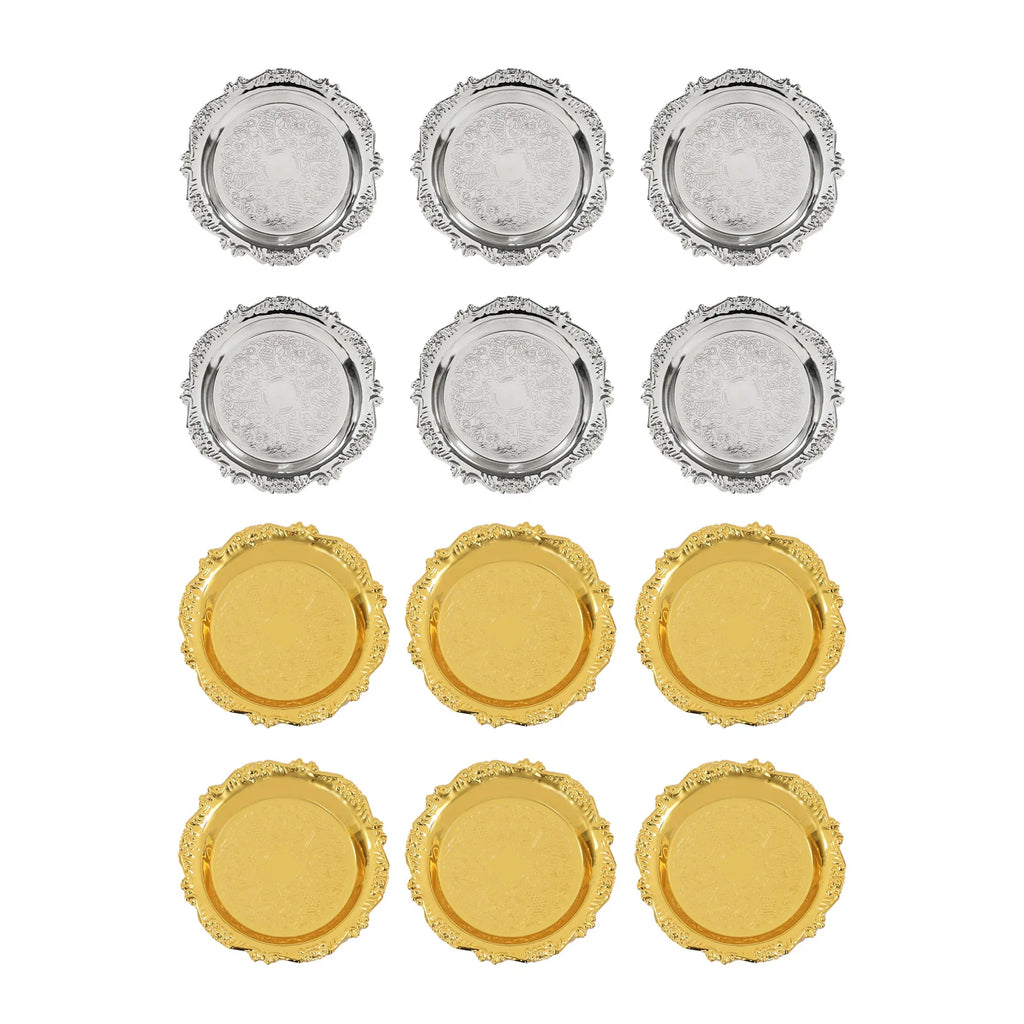 6PCS Gold/Silver Serving Tray Round Metal Snack Plate Restaurant Tray Plate Jewelry Display Tray for Birthday Wedding Banquet