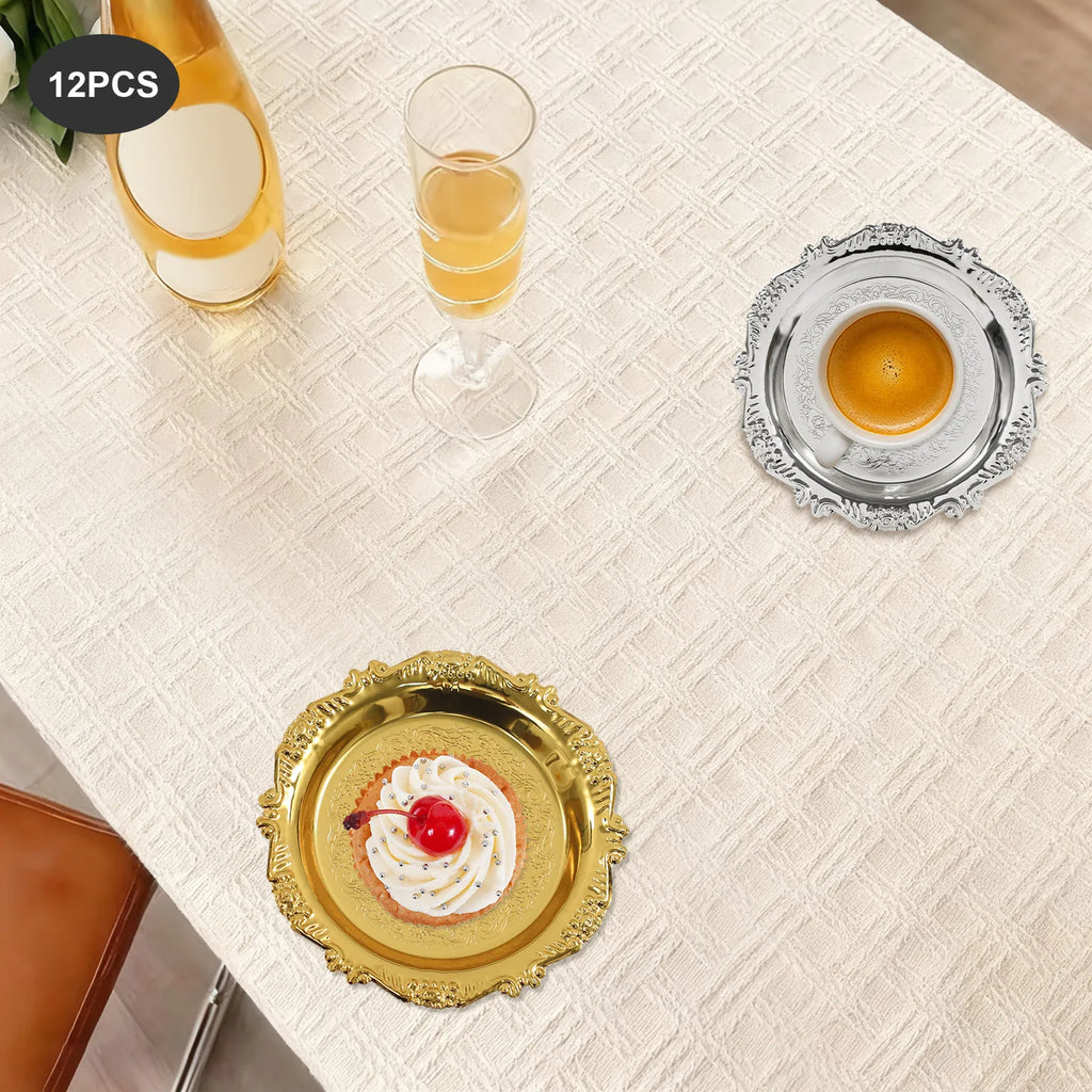 6PCS Gold/Silver Serving Tray Round Metal Snack Plate Restaurant Tray Plate Jewelry Display Tray for Birthday Wedding Banquet