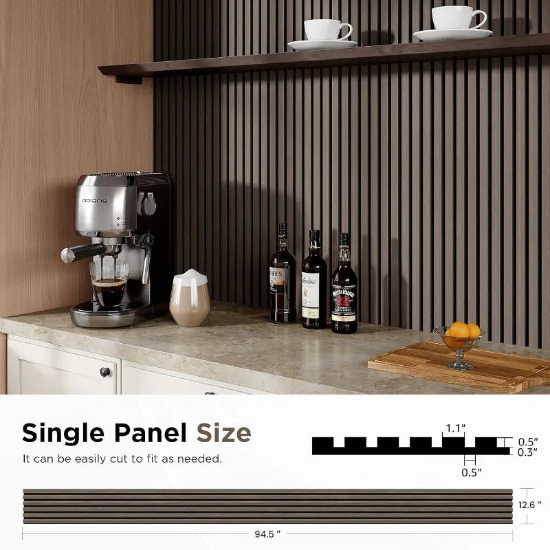 Wood Slat Acoustic Panels, 94.5" x 12.6" Each Soundpoof Wooden Slat Wall Panel - Dark Walnut, 4 Pack