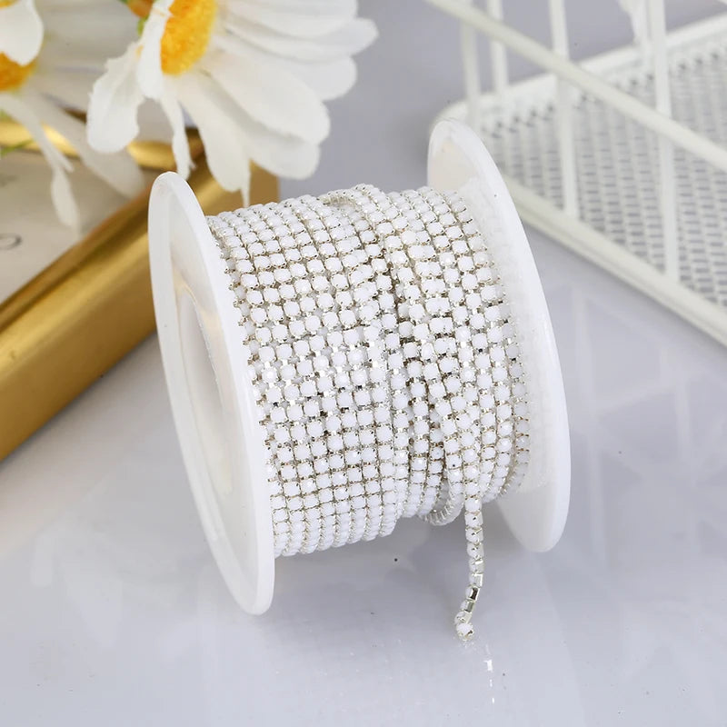 PEESOM NewSS6 2mm Sliver Bottom Rhinestone Cup Chain Sew On Colorful Acrylic Rhinestone Trim Chain Strass Banding for DIY Chain