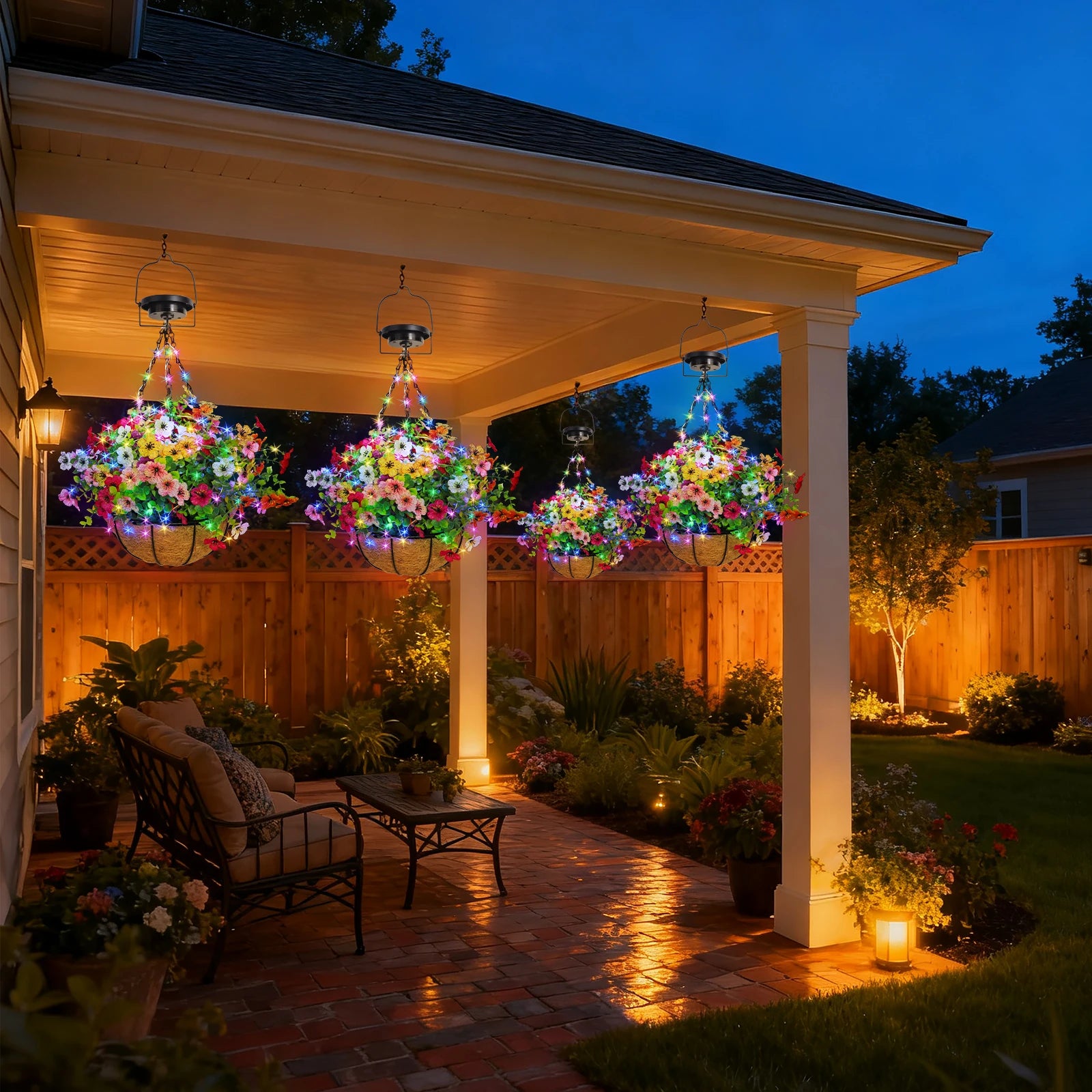 Solar-Powered Hanging Flower Basket Lights Outdoor Porch Lawn Christmas Garden Decor DIY Copper Wire RGB Lights with Solar Panel
