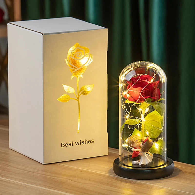 Artificial Rose Flowers LED Light Foil Flower In Glass Cover Eternal Rose Wedding Home Decor Birthday Mother's Day Gift