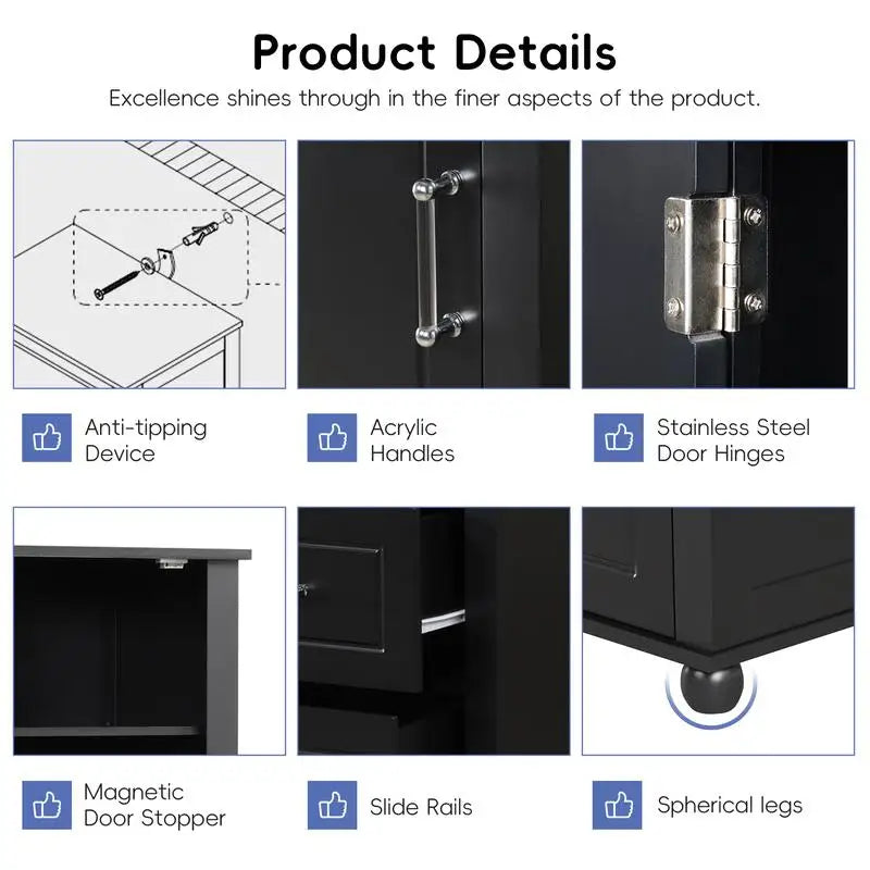 Freestanding Tall Bathroom Storage Cabinet with 2 Drawers and Adjustable Shelf, MDF Board with Painted Finish, Black
