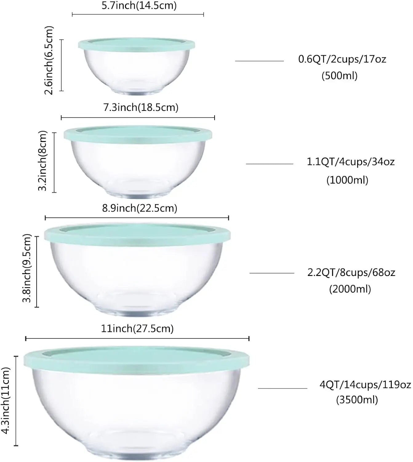 8-Piece Glass Mixing Bowl Set with Lids (0.6QT-4QT), Microwave-Safe for Kitchen Baking, Prepping, Serving & Storage