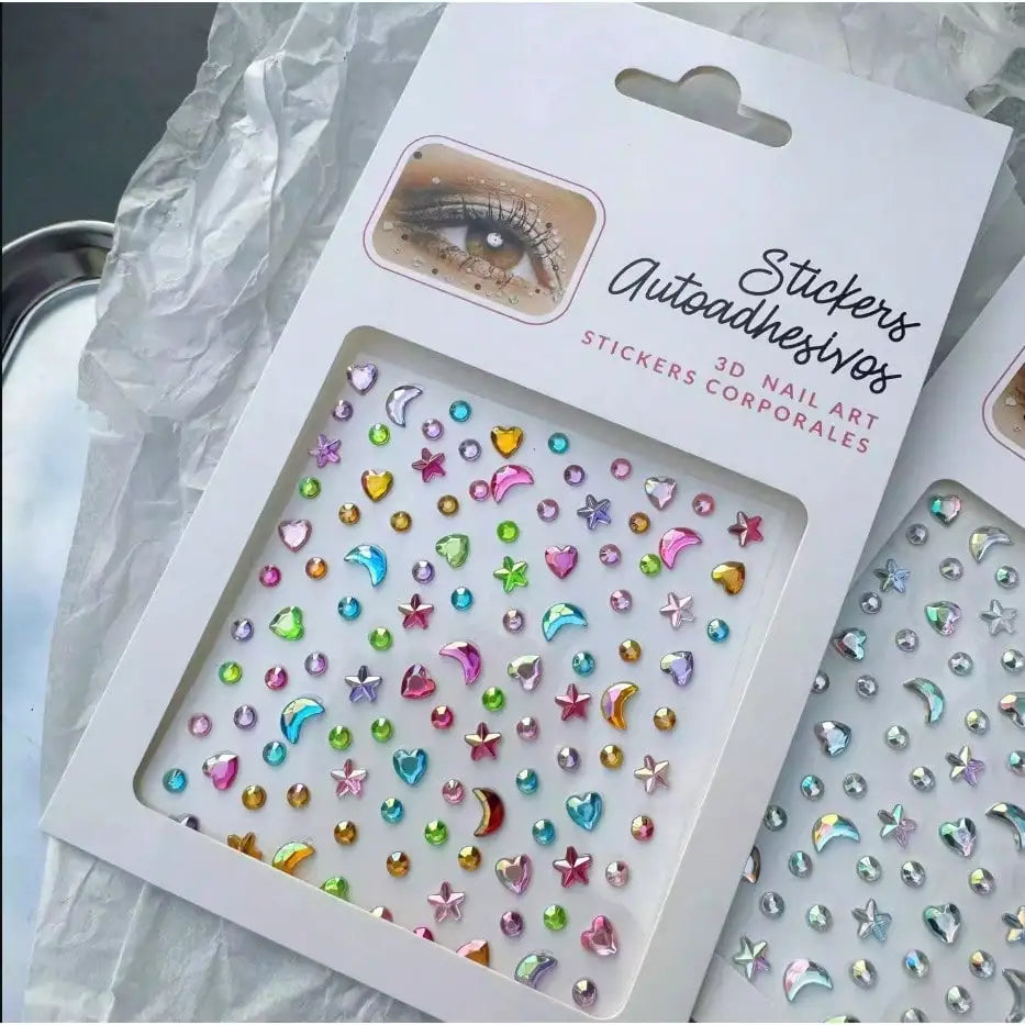 1 Sheet 3D Bling Face Rhinestone Sticker Blue Acrylic Face Gem With Gold Tickers For Body Makeup Music Festival