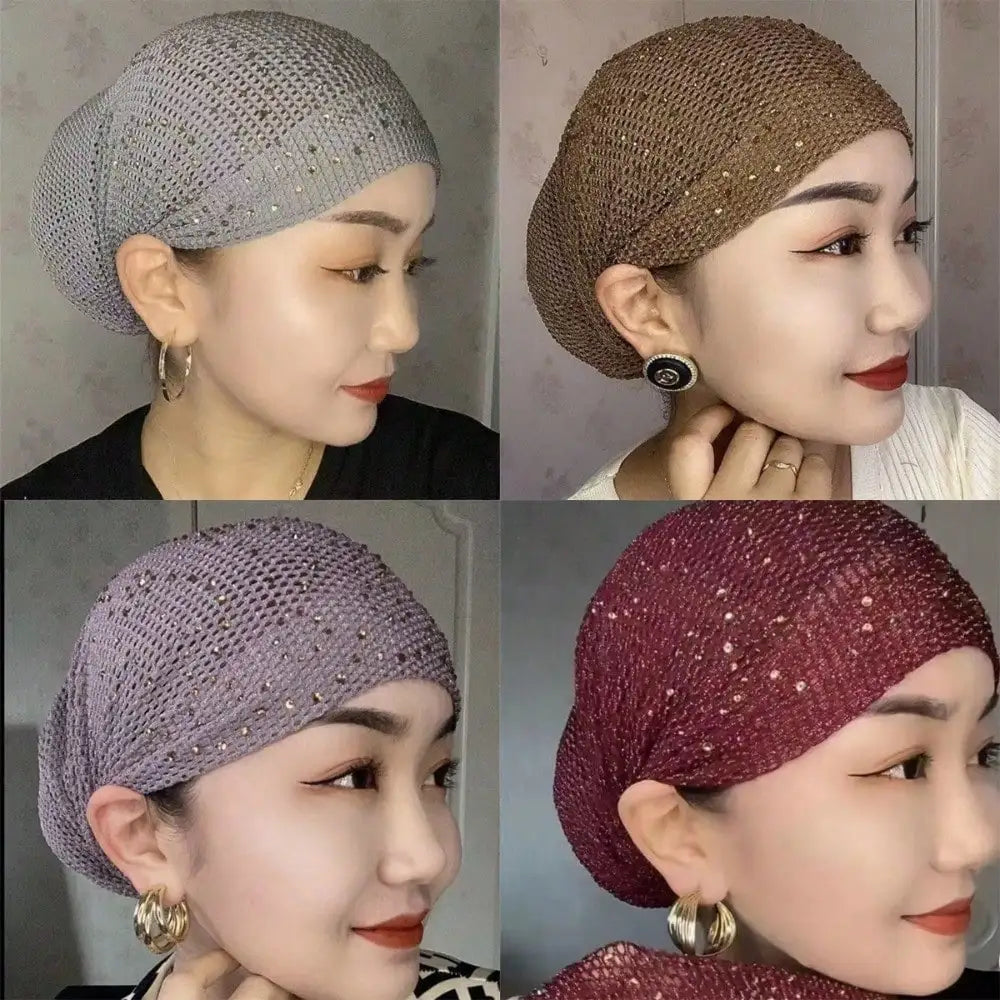 1Pc White Hair Bonnet - Elastic Breathable Full Cover with Rhinestone, Gift & Daily Use