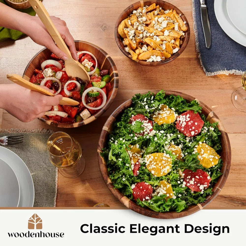 Wooden Bowls, Wooden Salad Bowl Set of 3 - Round Design Large Salad Bowl Set Wood Dining Accessory