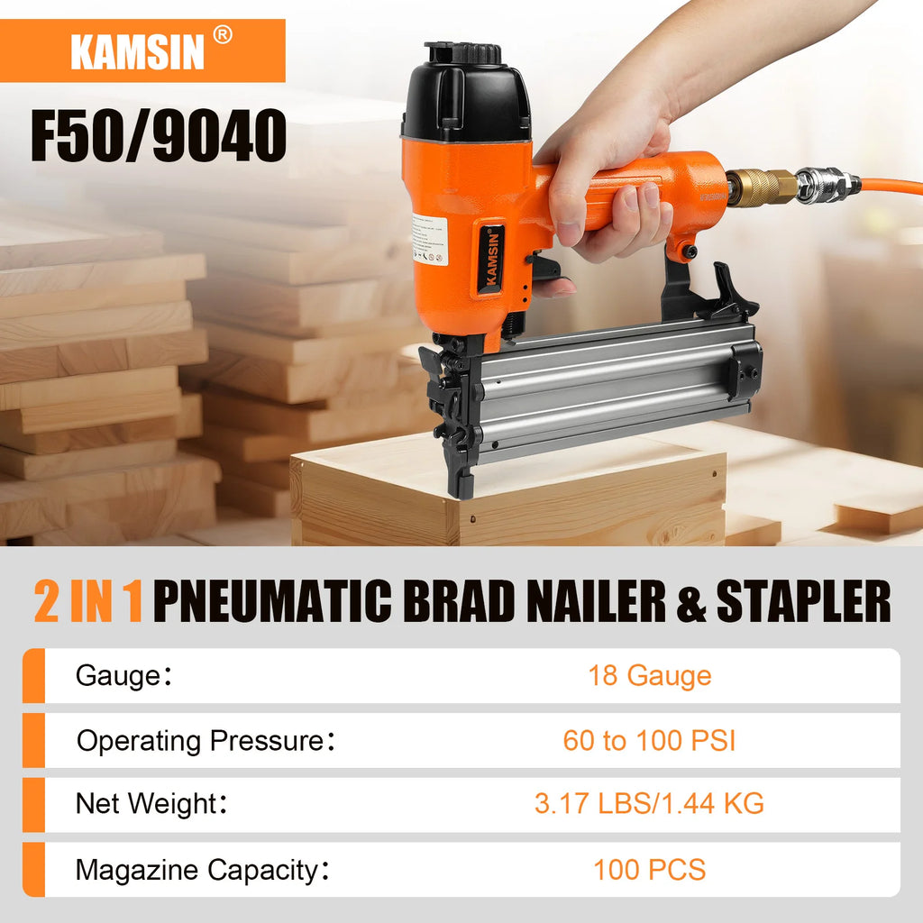 F50/9040 Pneumatic Brad Nailer, 2 in 1 Nail Gun Staple Gun Fires 18 Gauge 2" Brad Nails and 1/4" Crown 1-5/8" Staples with Carry