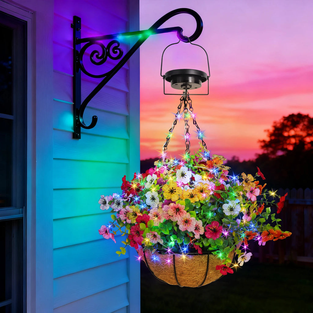 Solar-Powered Hanging Flower Basket Lights Outdoor Porch Lawn Christmas Garden Decor DIY Copper Wire RGB Lights with Solar Panel