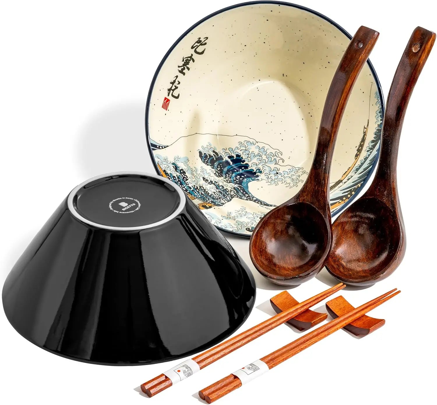 Large Ceramic Ramen Bowl Set with Great Wave Design, 60oz for Soups and Salads, Microwave Safe