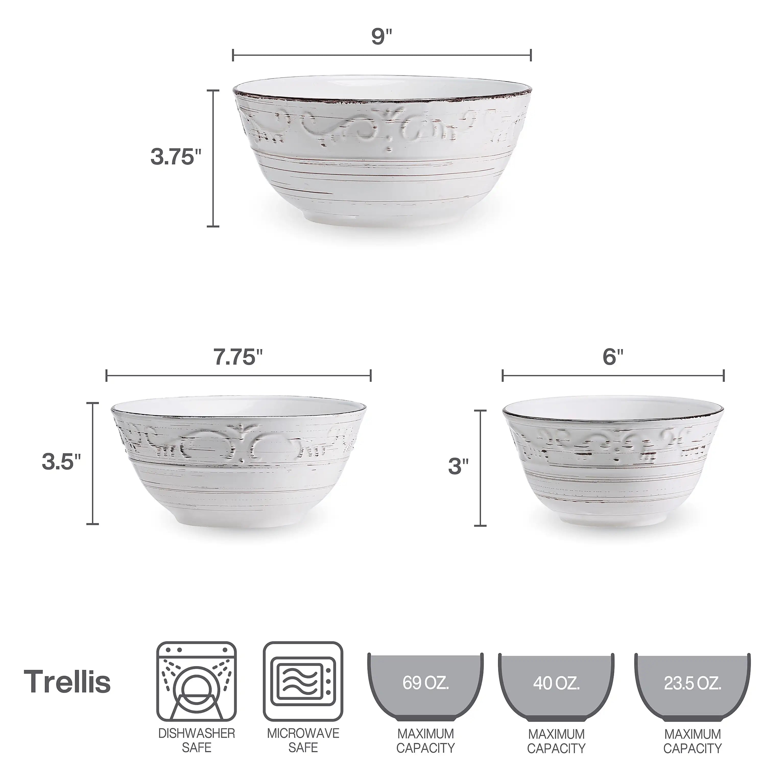Stoneware Serving Bowls Set of 3 White,Dishwasher Safe
