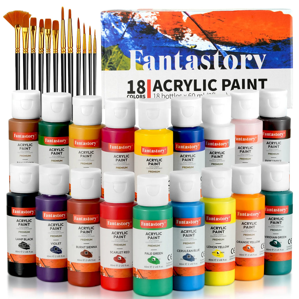 Fantastory Acrylic Paint Set 18 Classic Colors (60ml) with 12 Brushes, Professional Craft Thick Paints Kits for Adult