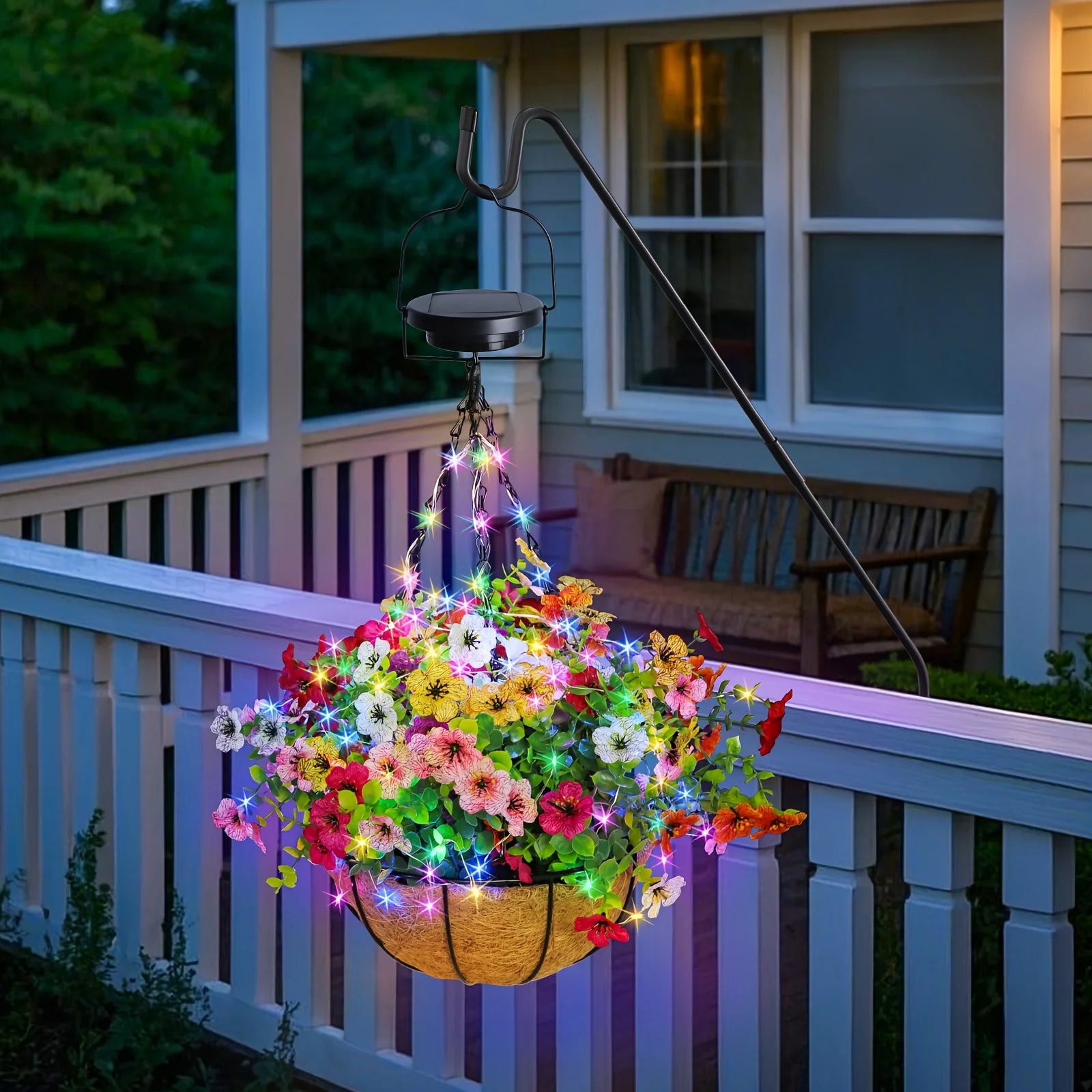 Solar-Powered Hanging Flower Basket Lights Outdoor Porch Lawn Christmas Garden Decor DIY Copper Wire RGB Lights with Solar Panel