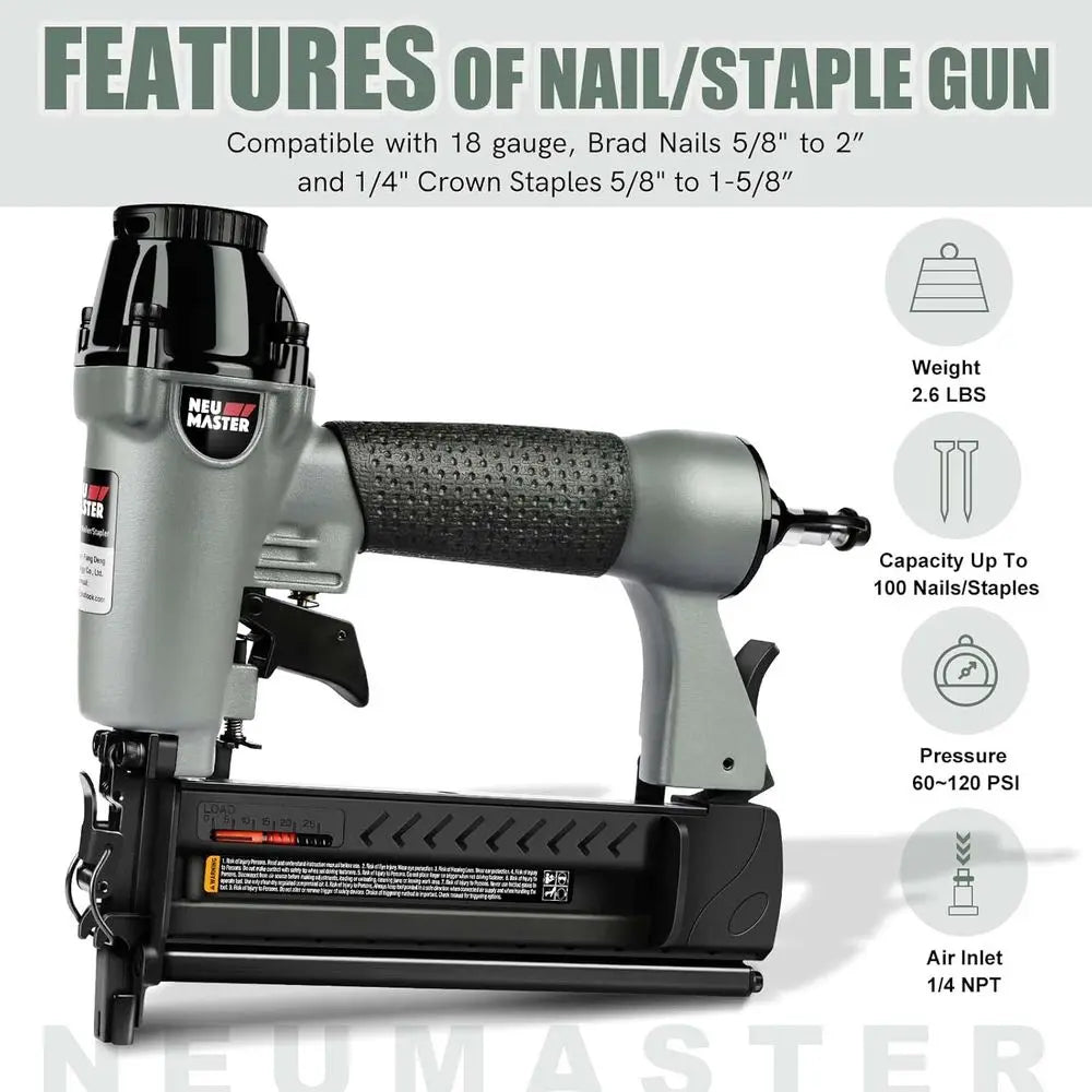Pneumatic Brad Nailer, 2 in 1 Nail Gun Staple Gun, 18 Gauge, 2 Inch Brad Nails, 1-5/8 inch Staples, Carrying Case, Safety Glasse