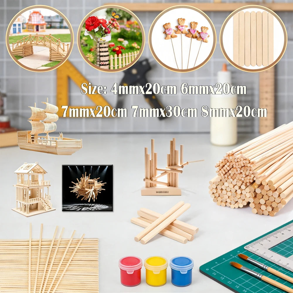 10-60pcs DIY Craft Wooden Sticks , 4-8mm Round Smooth Bamboo Dowels for Model Making & Projects, Easy to Cut
