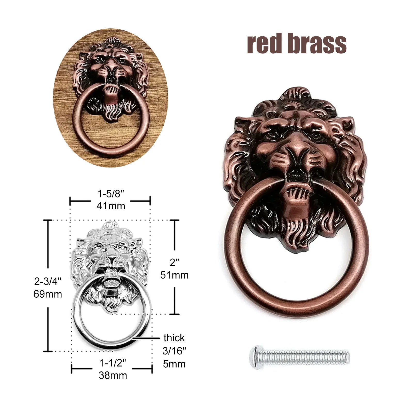 1/2/4/6pcs Lion Head Shape Single Hole Jewelry Chest Box Cabinet Cupboard Dresser Drawer Handle Pull Knob Ring 4 color 41x69mm