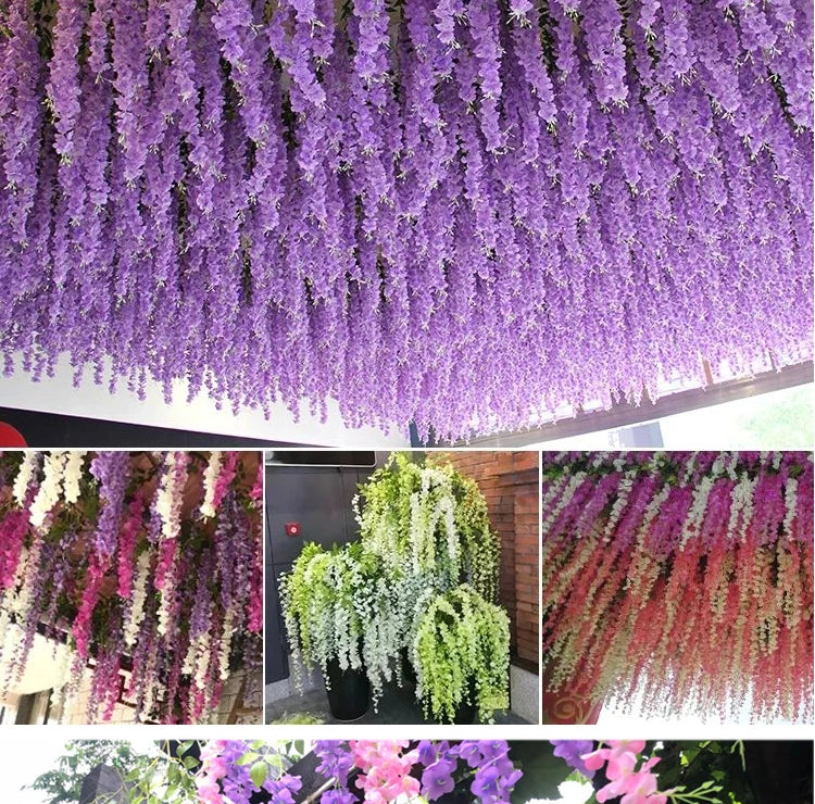 Artificial Wisteria Flower Hanging Garland, Rattan Fake Flower, String Flower, Wedding Party, Garden,  Home Wall Decor, 12PCS