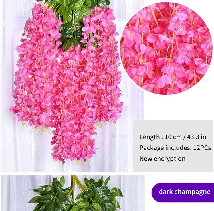 Artificial Wisteria Flower Hanging Garland, Rattan Fake Flower, String Flower, Wedding Party, Garden,  Home Wall Decor, 12PCS