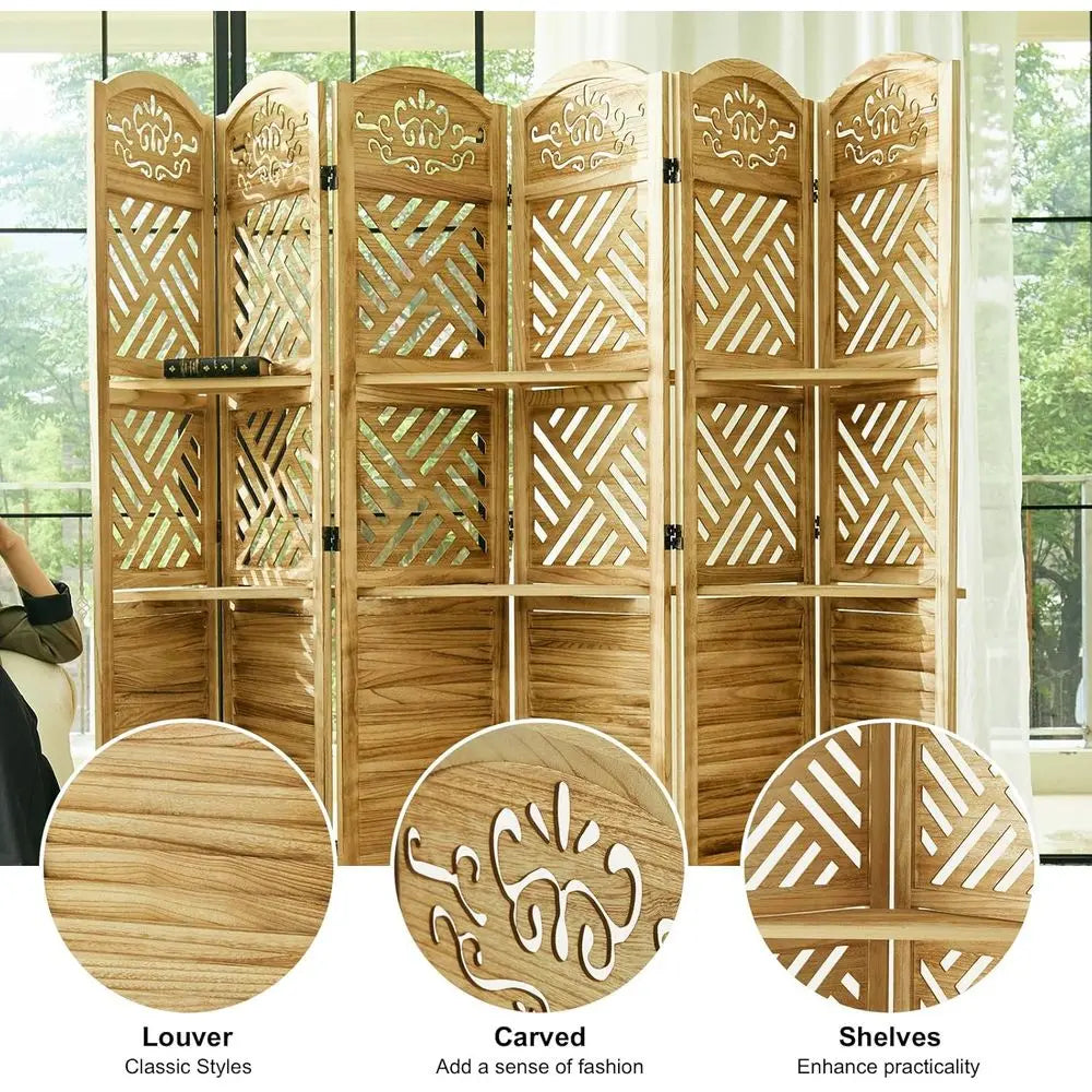 68.9 Natural Wood Carved Louvered 6-Panel Folding Room Divider with Shelves for Home Office