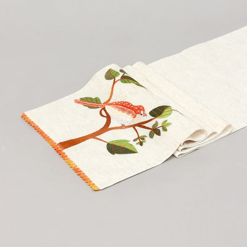 Bird Embroidered Table Runner 72 Inches Long for Dresser Home Dining Table Décor