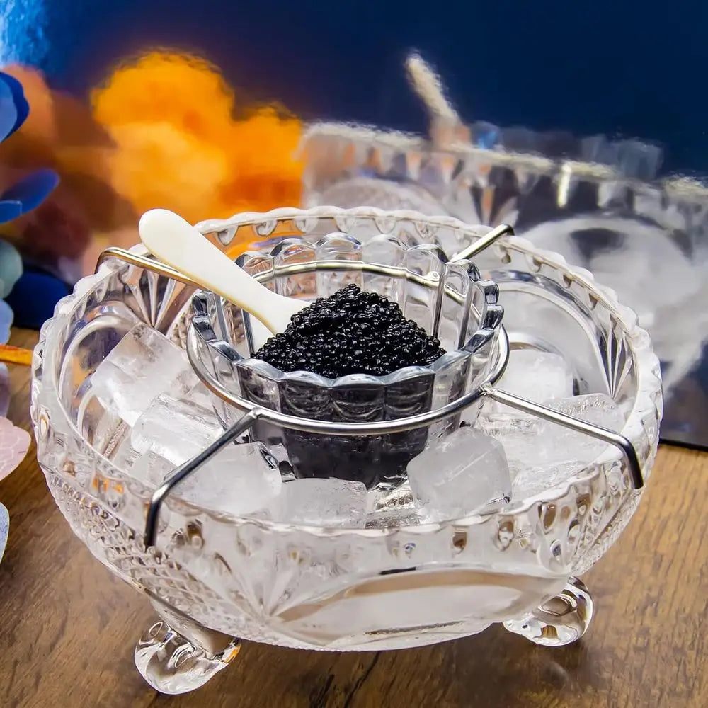 Luxury Caviar Serving Kit with Glass Bowl & 2 Pearl-Handled Spoons for Gourmet Delights
