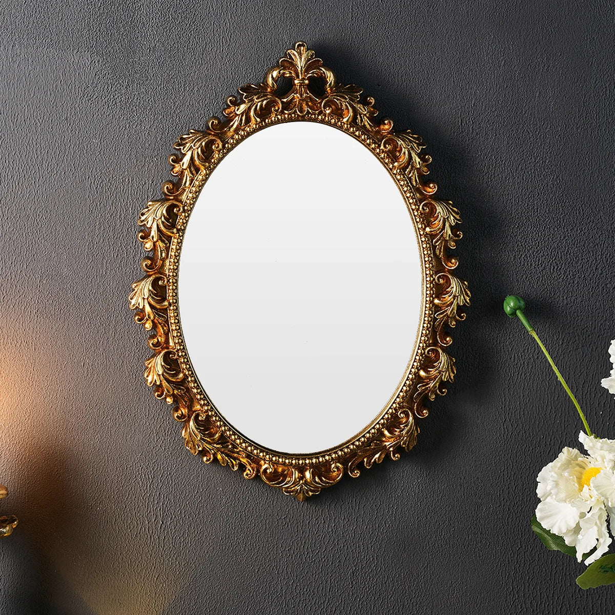 1PC, resin material, golden oval wall decoration, room decoration hanging mirror, suitable for bedroom decor wall decoration