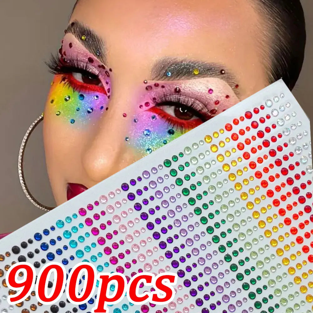 1sheet 900pcs Rainbow Face Glittle Gem Stickers Stick-On Facial Tattoo Eye Rhinestone Jewels  Mix Wedding Party Make Up
