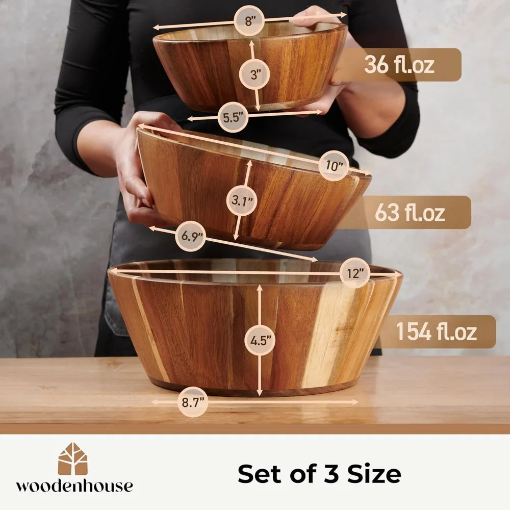 Wooden Bowls, Wooden Salad Bowl Set of 3 - Round Design Large Salad Bowl Set Wood Dining Accessory