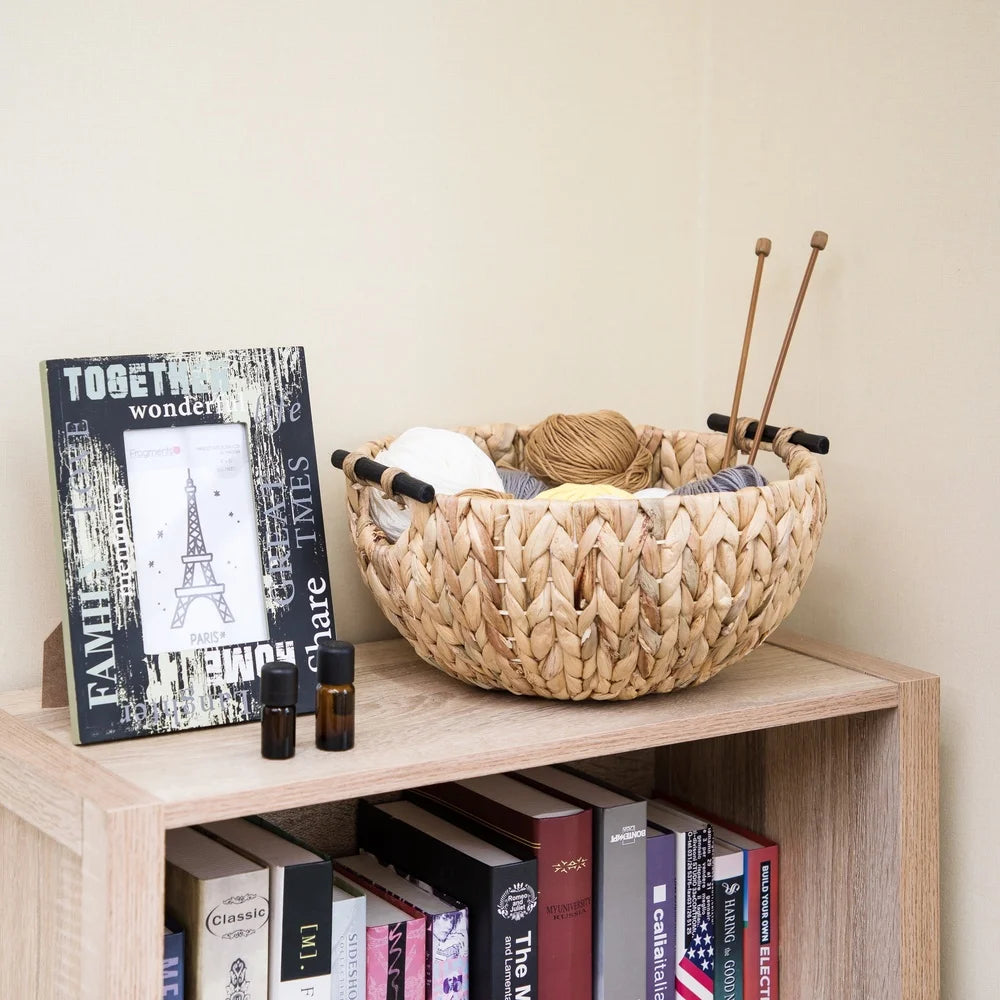 Natural Woven Water Hyacinth Decorative Bowl with Wooden Handles Home Storage Centerpiece Floral Arrangement Table Decor