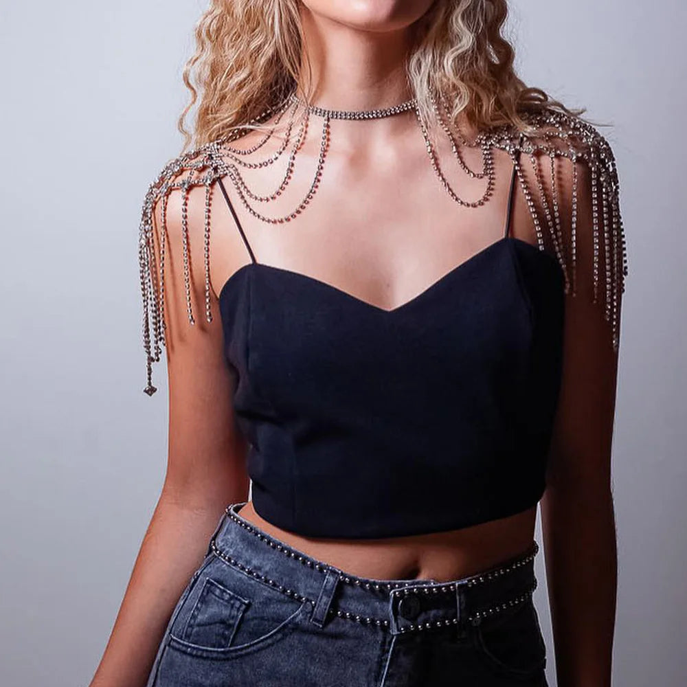 Stonefans Mesh Tassel Shoulder Chain Wedding Jewelry for Women Necklace Dress Multiple Rows Sexy Bikini Cosplay Swimsuit Summer