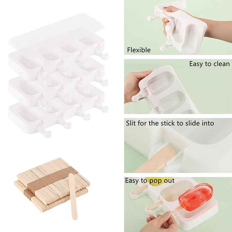 Popsicles Molds with 50pcs Wooden Popsicles Sticks Easy-Release Silicone Ice Pop Molds Making Ice Cream BPA Free Moulds NONE 제빙기